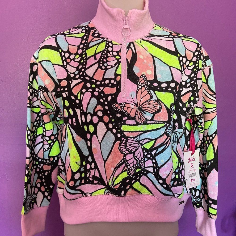 Justice Girls Pink/Black Half Zip Sweatshirt Size XS Long Sleeve Butterfly Print